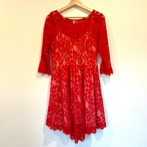 Free People Red Lace Skater Dress | Women's Size 12 - Picture 3 of 10